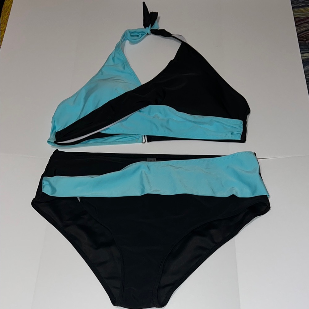 NEW* Black and Blue Color-Block Bikini with Halter Top